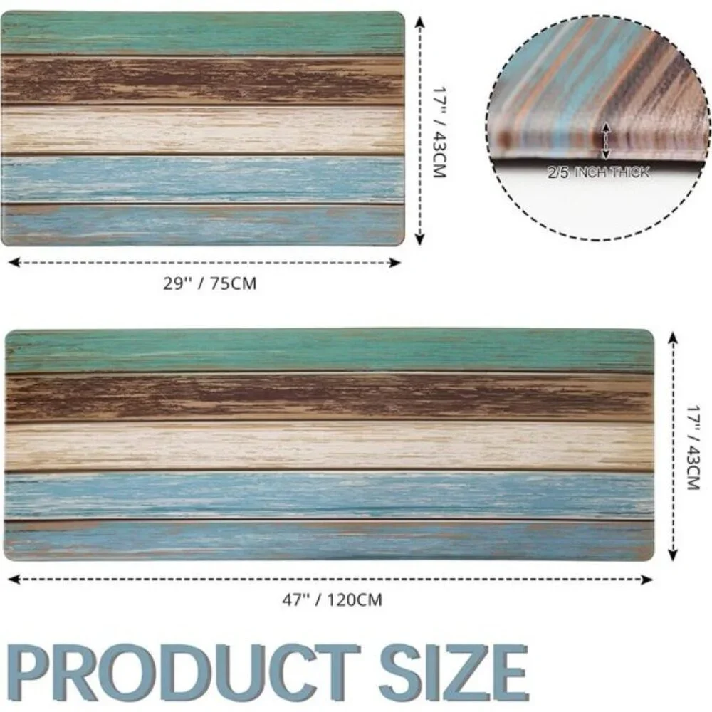 New Set of 2 Teal Farmhouse Kitchen Rug, Anti-Fatigue, Non-Slip, Rustic Look